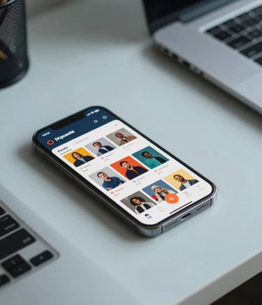 Close-up photography of a minimalist workspace with a smartphone displaying a vibrant content calendar, professional organized desk in a light blue shade, soft natural morning light, Latinoamericano professional context.