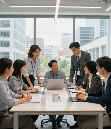 A diverse group of professional colleagues in a bright North American tech office collaborating around a large table, minimalist design, with large windows overlooking a modern city.