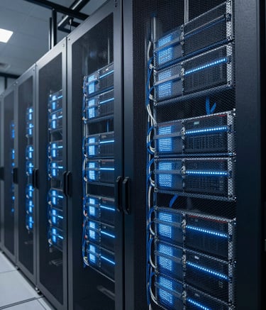 A futuristic server room with glowing dark blue and light gray LED panels, showcasing clean cable management and high-tech infrastructure, sleek and professional atmosphere in a US data center.