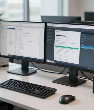 A professional high-end workstation in a North American corporate office, featuring large dual monitors displaying clean lines and data-driven marketing interfaces, soft natural daylight illuminating a sleek white desk surface.