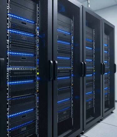 A high-end, clean server room with rows of sleek hardware and subtle blue lighting, representing advanced cloud infrastructure in a North American data center, professional photography.
