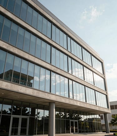 Modern corporate office building in Katy, Texas, with large glass windows reflecting a bright sky, minimalist North American architecture, wide angle photography.