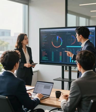 Professional team members in a sunlit North American corporate office, collaborating around a large screen showing modern data analytics, wearing smart business attire, premium atmosphere.