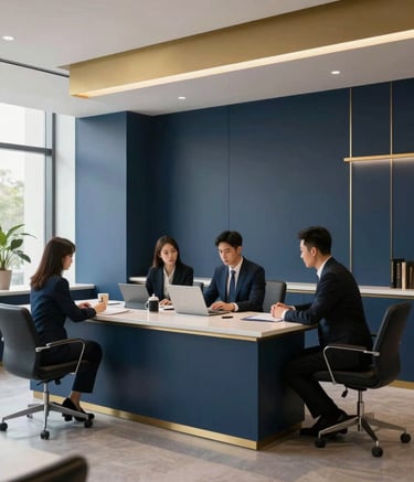 A minimalist, high-end interior of a migration law office in Beijing, featuring dark blue and gold accents, a professional atmosphere, and East Asian consultants in formal business attire collaborating in a well-lit modern space.