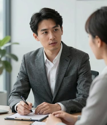 An East Asian professional migration agent in a charcoal grey suit having a focused consultation with a client in a modern, minimalist office setting, soft natural lighting, high-end professional photography style.
