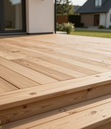 An aesthetic view of a newly installed light wood terrace under soft afternoon sun, showing high-quality craftsmanship and clean finish, modern suburban house in Lithuania.