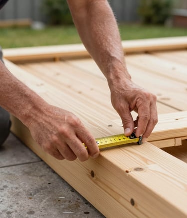 A close-up of a construction professional's hands using a technical measuring tool on a modern wooden terrace structure, emphasizing technical precision and quality, natural daylight, Northern European backyard setting.