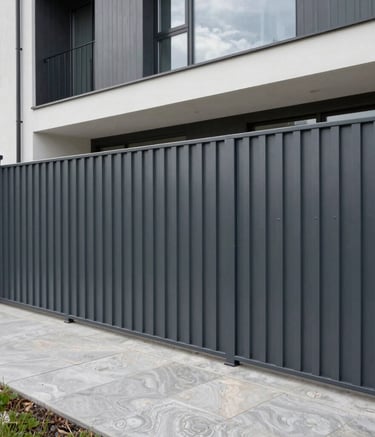 A professional wide shot of a modern, minimalist dark grey metal segment fence around a contemporary Lithuanian house, clean lines, sharp focus, professional lighting, modern architecture.
