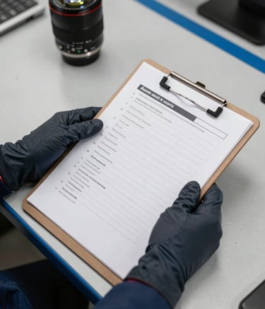 A top-down view of a professional workplace audit in progress. A clipboard with a checklist is held by hands in dark charcoal blue gloves, resting on a clean industrial surface with steel blue accents.