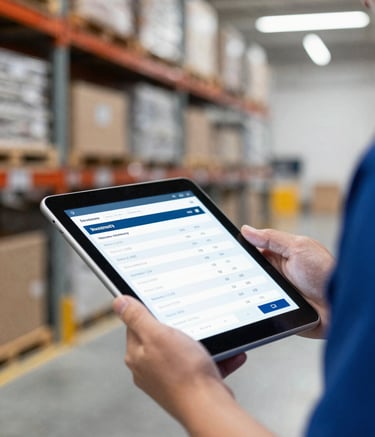 A close-up of a professional logistician holding a digital tablet, reviewing inventory data in a well-lit facility. The composition is professional and focused, with a blurred background of a modern warehouse. The color palette uses #292860 and #E0E0EB tones to convey a sense of technological reliability.