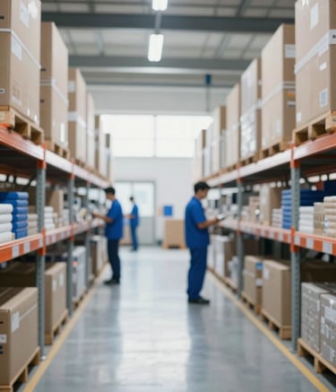 A wide-angle, high-resolution shot of a modern, clean logistics center. The scene is bright and organized, featuring high shelves and a polished floor. Professional staff in subtle blue uniforms are visible in the background. The lighting is natural and crisp, emphasizing efficiency. Incorporates brand colors #292860 and #FFFFFF.