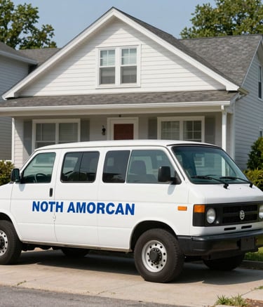 A classic North American family-owned electrical service van, clean and white with blue lettering, parked in front of a well-maintained mid-century home in Skokie, Illinois. Bright, clear daylight photography showing a safe, friendly neighborhood.