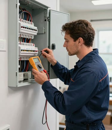 A professional North American electrician in a navy blue uniform using a digital multimeter to test a newly installed electrical panel in a modern, clean Skokie residential basement. The lighting is bright and professional, highlighting the precision of the work.