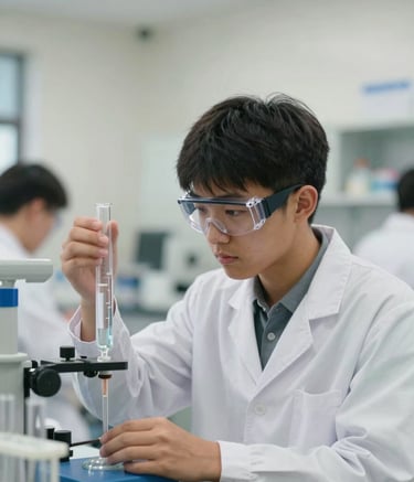 A focused student in a North American / US school laboratory setting, wearing a white lab coat and safety goggles, carefully observing a titration experiment. The background is a clean, soft off-white modern lab. The lighting is bright and professional, emphasizing an innovative and academic atmosphere.
