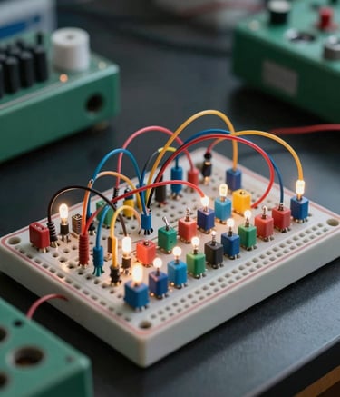 A detailed close-up of a breadboard with neatly arranged colorful wires, resistors, and lit LEDs, part of a Circuit Lab project in a North American / US school science lab. The scene is shot with high clarity and a shallow depth of field, highlighting the precision of the work. The color palette features deep charcoal and muted forest green accents from the equipment and work surface.