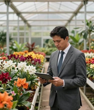 A wide-angle professional photograph of a South American technologist in business attire using a digital tablet inside a vibrant, lush flower plantation greenhouse, reflecting the fusion of nature and innovation.