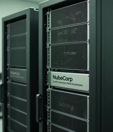 A close-up photograph of high-end server equipment in a clean, professional data room, illuminated with subtle sage green lighting, symbolizing the technological reliability and infrastructure support NubeCorp provides to South American floral businesses.