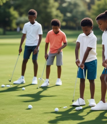 Ghanaian youth taking golf lessons at a sunny local course.