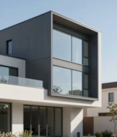 Architectural photography of a finished modern luxury house with a minimalist facade, featuring large glass panels and clean steel framing lines. The color palette includes sleek grays (#3D3D3D) and off-white (#F8F8F8), set against a clear blue sky to evoke trust and high-end quality.