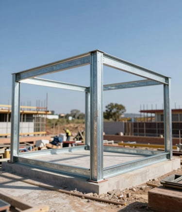 A construction site in Uruguay showcasing a precise steel frame structure being assembled for a residential project. The image captures the industrial beauty of the galvanized steel #BDBDBD against a professional workspace, conveying modern efficiency and engineering precision.