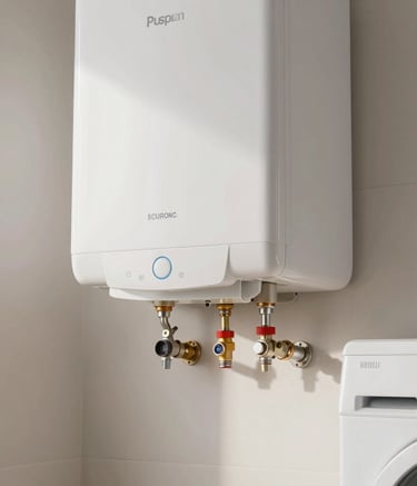Close-up photography of a modern white electric water heater professionally installed on a laundry room wall with clean piping and safety valves, bright indoor lighting in a Spanish home.