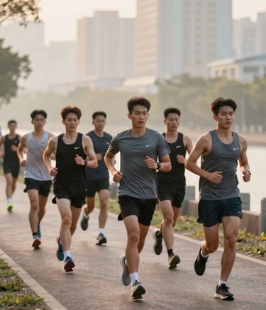 A focused group of runners from the Turtle Speed Running Club training on an urban trail at sunrise. The composition shows movement and determination. The lighting is warm and energetic. The scene incorporates #755941 and #1A1A1A in the athletic apparel.