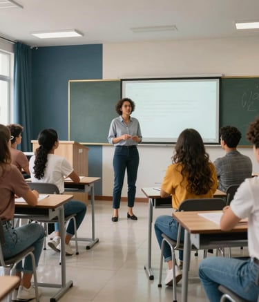 A wide-angle professional photograph of a modern Brazilian classroom with sleek furniture, where a teacher is leading a group discussion with adult students in a bright, inviting atmosphere with muted blue and gold accents.
