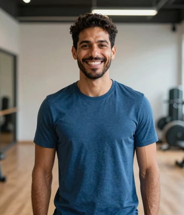 A professional and approachable South American / Brazilian instructor in a clean, modern training center, wearing a smart-casual steel blue shirt, standing confidently with a warm, inviting smile against a soft-focus background of a contemporary learning facility.