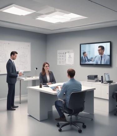 A team of medical and legal professionals collaborating around a table with documents and laptops.