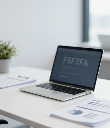 A modern, bright administrative office workspace featuring a clean white desk, an open laptop, and neatly organized documents. The style is minimalist and professional, utilizing #F5F7F8 and #778DA9 colors.