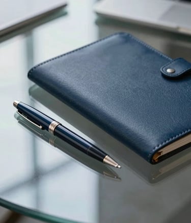 A close-up of a professional leather-bound folder and a high-quality pen resting on a clean glass table, with soft corporate lighting. The color palette emphasizes #0D1C2E and #2F4858, reflecting formal reliability.