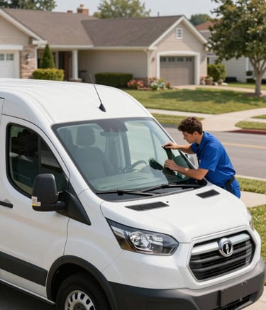 Photography of a modern white service van parked in a sunny North American suburban driveway. A professional technician in a clean blue uniform is inspecting a windshield. The atmosphere is efficient and empowering with soft daylight.