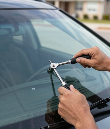 Close-up photography of a windshield repair process on a high-end SUV in a North American suburban setting. A technician's hands use professional tools with precision, with reflections of a clear blue sky on the glass. The lighting is bright and efficient, emphasizing clean work.