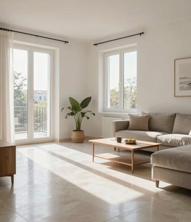 The interior of a modern Southern European living room with sunlit windows, showcasing perfectly clean and polished tile floors and minimalist furniture in a serene, bright atmosphere.