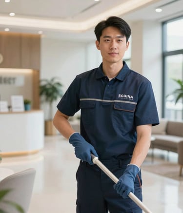 A professional cleaner in a neat uniform working in a bright Southern European commercial lobby, reflecting the brand values of efficiency and reliability through meticulous work and modern setting.