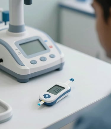 A close-up photograph of professional cardiology equipment and a diabetes monitoring device on a clean white medical desk, soft natural lighting in a modern clinic, South Asian / Bangladeshi setting, with light blue accents.