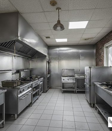 Cuisine professionnelle restaurée pae P.S.Immo, après sinsistre d'un dégâts des eaux