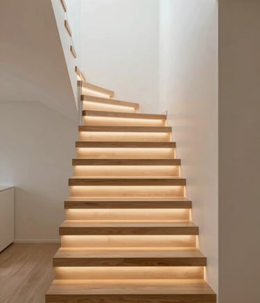 A high-end minimalist modern wooden staircase in a Sacramento home featuring subtle warm LED strip lighting tucked under each tread. The lighting casts a warm #B28D69 glow. The room has clean #FDFBF7 walls, illustrating a sophisticated, luxury interior design.