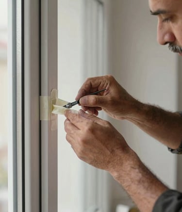 Close-up photography of a master painter's hand in Turkish / Anatolian attire, carefully applying masking tape to the edges of a window frame before painting. The background shows a well-prepared, clean interior room. Lighting is sharp to emphasize precision and professionalism.