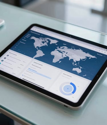 Close up of a sophisticated data dashboard on a tablet, modern glass desk, professional setting, North American / Global Business, bright lighting, shades of Blue and Light Gray.