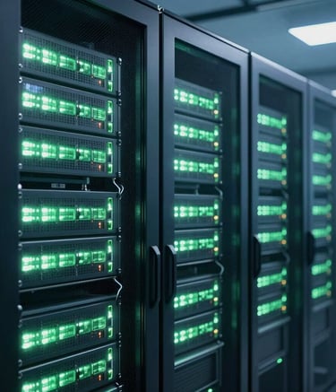 A server room with glowing lights representing data processing, professional corporate tech environment, North American / Global Business, cool Blue tones and Light Green accents.