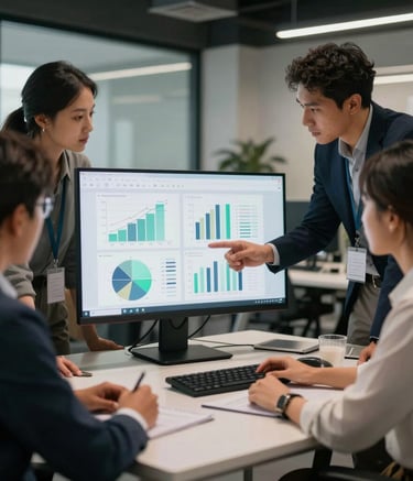 A diverse team of data analysts reviewing charts on a screen in a modern office, North American / Global Business, professional lighting, corporate style, tones of Dark Navy and Light Green.