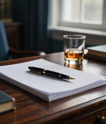 A cinematic, low-angle shot of a mahogany writing desk in a North American study. A high-end fountain pen rests on a stack of thick paper beside a half-full glass of scotch. Soft, moody light filters through a window, creating deep shadows. The atmosphere is intelligent and intense, featuring deep slate blue and dark gray tones.
