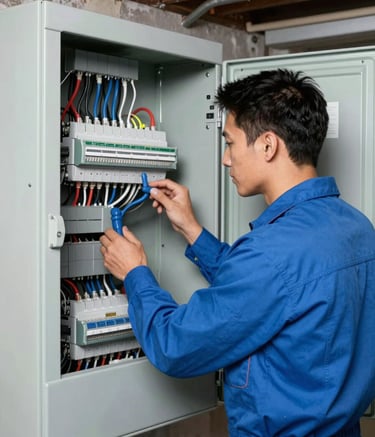 A professional electrician wearing a bright sky blue uniform inspecting a modern electrical panel in a clean North American / US residential basement. The lighting is crisp and bright, highlighting the organized wiring and professional deep slate grey tools.