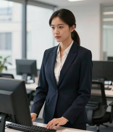 A professional European British nursing recruiter in a dark navy business suit working in a bright, efficient London office. The scene suggests trust, career growth, and professionalism.