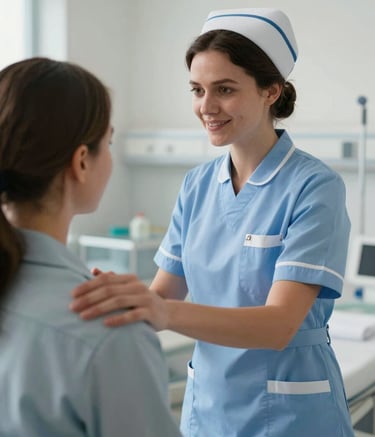 A compassionate European British nurse in a light blue uniform interacting warmly with a patient in a modern hospital setting. Soft, professional lighting, clean environment, emphasizing trust and support.