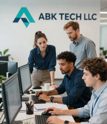 A professional setting featuring a diverse team of tech specialists collaborating over high-tech equipment in a modern office. The lighting is bright and clear, emphasizing a trustworthy atmosphere. The color palette includes accents of teal #3A8D9B and dark navy #1C2E3C to reflect ABK TECH LLC branding.