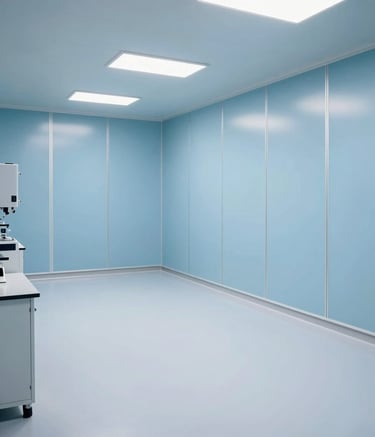 A wide-angle professional photograph of a pristine pharmaceutical cleanroom in a South Asian / Indian facility. The room features seamless white floors and pale sky blue modular walls under bright, shadowless lighting. The atmosphere is sterile and technologically advanced.