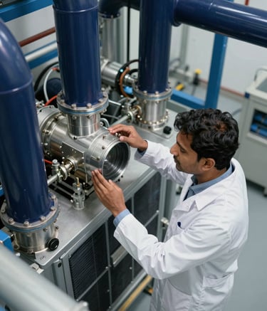 A high-angle photograph of a professional South Asian / Indian engineer in a white lab coat inspecting a complex air handling system. The environment is a brightly lit, modern mechanical room with deep navy blue piping and steel blue accents. The mood is professional and focused.