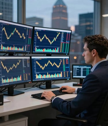 A professional trader sitting in a high-end office in a North American city at dusk. Multiple monitors display financial candle charts, with sophisticated lighting in navy blue and gold tones.